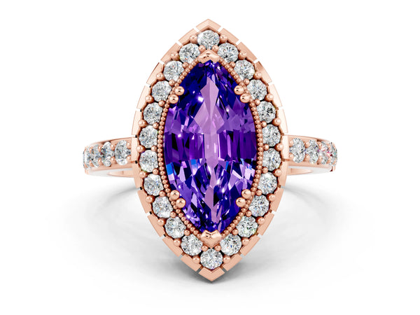 Rose gold Marquise Cut Tanzanite Halo Ring with Pavé Band and Prong Setting