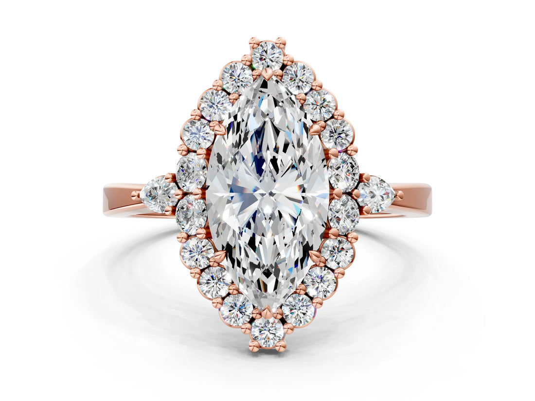 Rose gold Marquise Cut Diamond Halo Ring with Pear Side Stones and Prong Setting_57