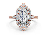 Rose gold Marquise Cut Diamond Halo Ring with Pear Side Stones and Prong Setting_57