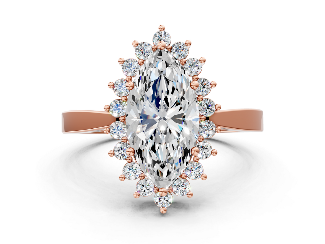 Rose gold Marquise Cut Diamond Halo Ring with Round Brilliant Halo and Solitaire Band_104
