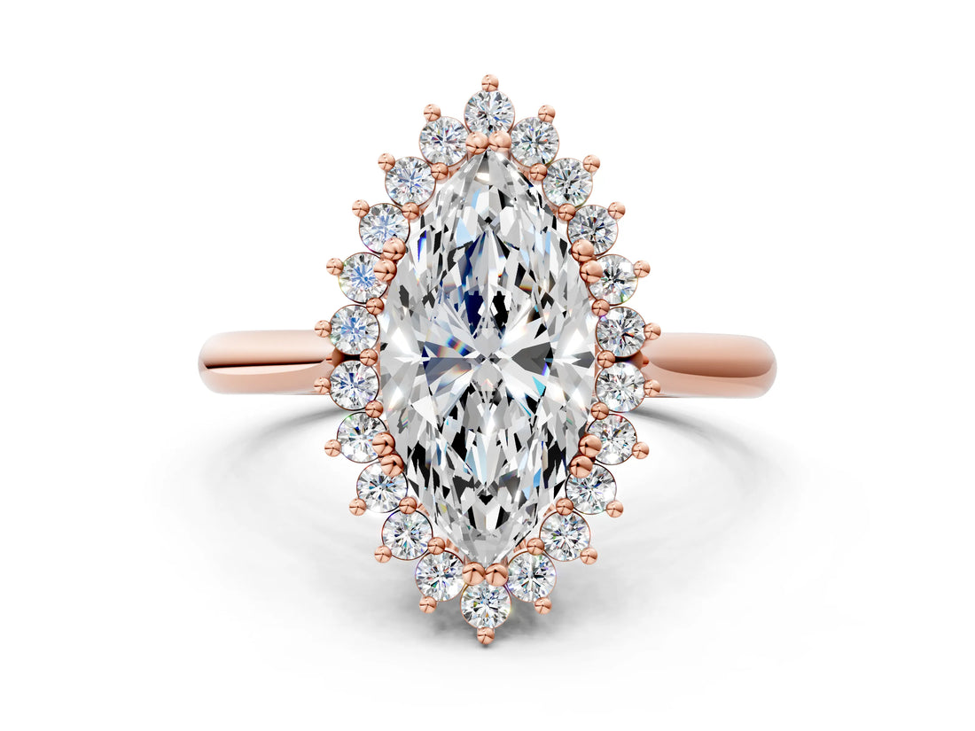 Rose gold Marquise Cut Diamond Halo Ring with Solitaire Band and Prong Setting_70