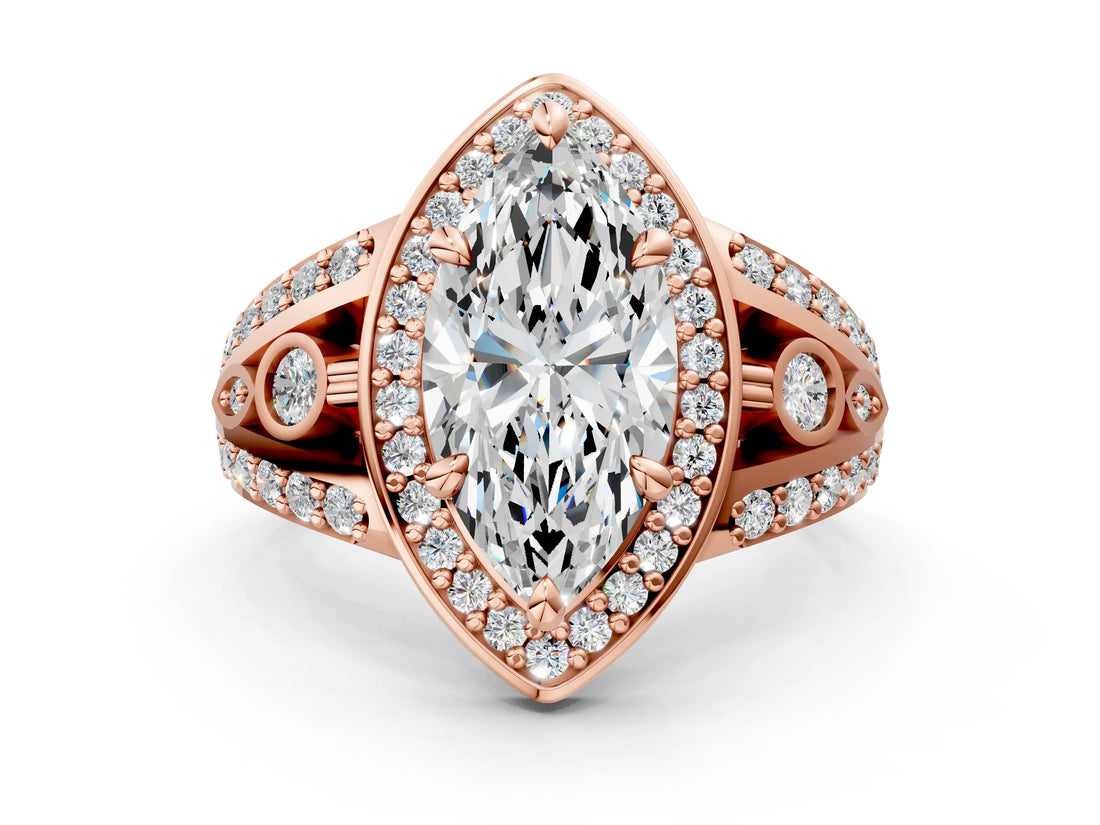 Rose gold Marquise Cut Diamond Halo Ring with Split Shank and Bezel Accents and Four-Prong Setting_9