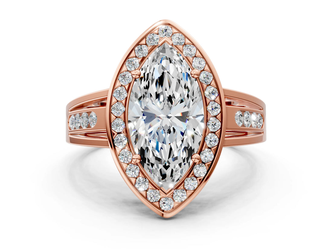 Rose gold Marquise Cut Diamond Halo Ring with Split Shank and Bezel Accents and Prong Setting_14