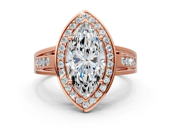 Rose gold Marquise Cut Diamond Halo Ring with Split Shank and Bezel Accents and Prong Setting