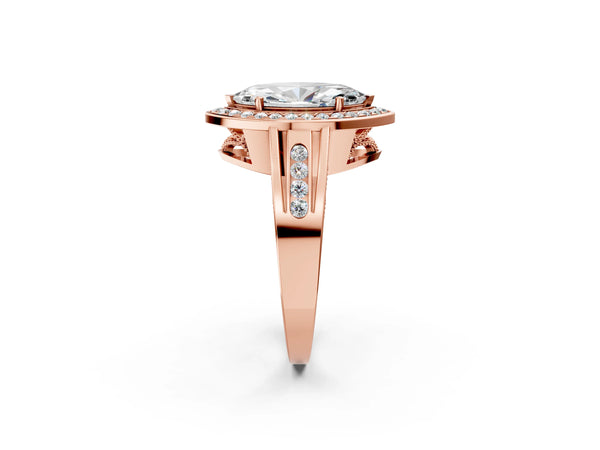 Rose gold Marquise Cut Diamond Halo Ring with Split Shank and Bezel Accents and Prong Setting