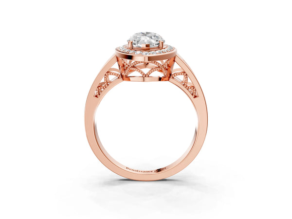 Rose gold Marquise Cut Diamond Halo Ring with Split Shank and Bezel Accents and Prong Setting