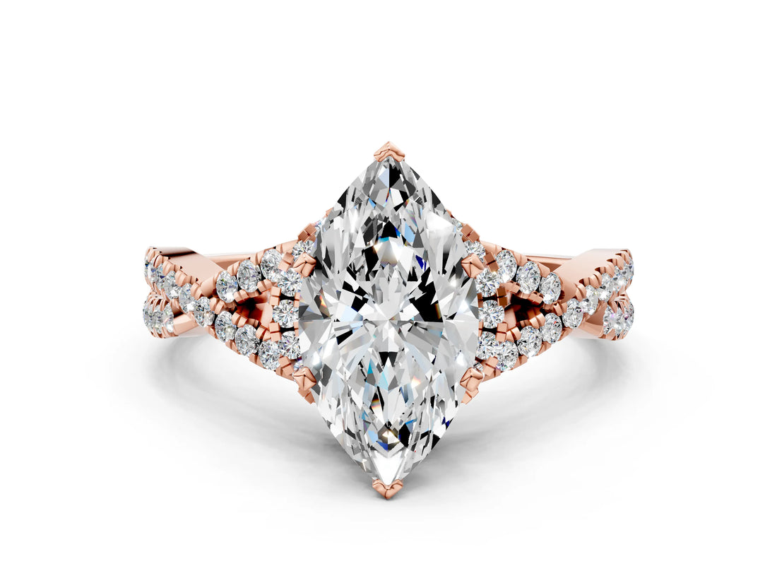 Rose gold Marquise Cut Diamond  Halo Twist Band Solitaire Prong Setting Ring_106