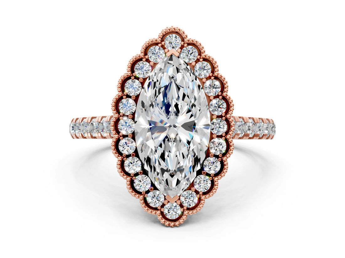 Rose gold Marquise Cut Diamond Milgrain Floral Halo Engagement Ring with Pavé Band_21