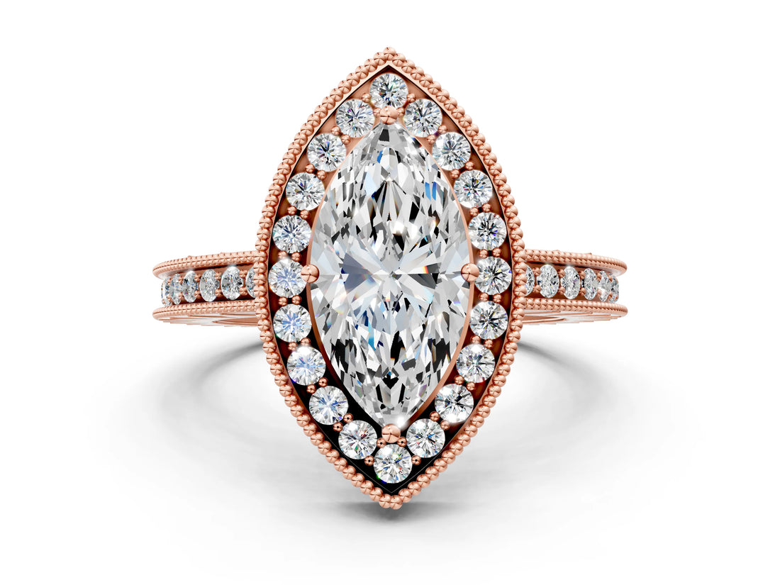 Rose gold Marquise Cut Diamond Milgrain Halo Engagement Ring with Round Pavé Band and Prong Setting_12