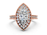 Rose gold Marquise Cut Diamond Milgrain Halo Engagement Ring with Round Pavé Band and Prong Setting_12