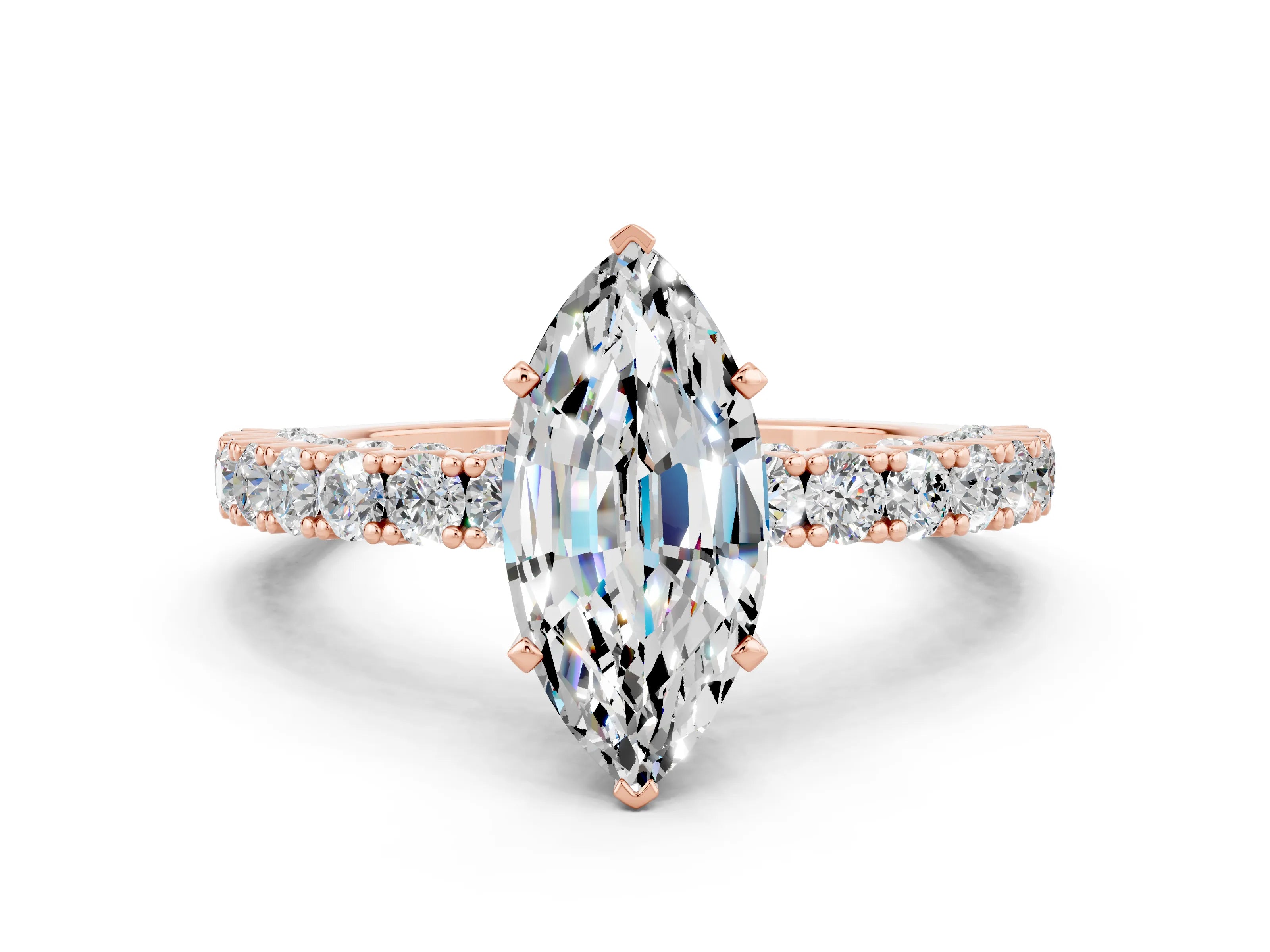 Rose gold Marquise Cut Diamond Pavé Band Solitaire Ring with Prong Setting