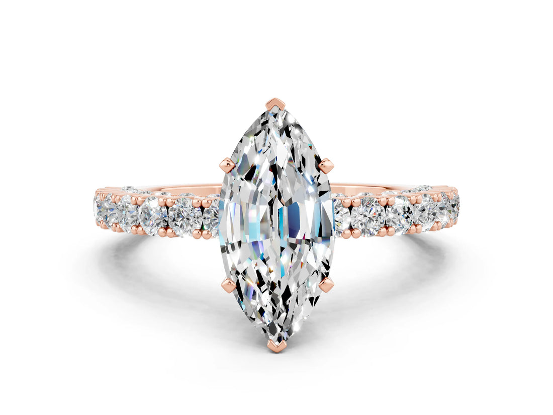 Rose gold Marquise Cut Diamond Pavé Band Solitaire Ring with Prong Setting