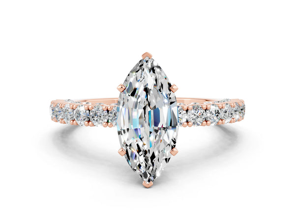 Rose gold Marquise Cut Diamond Pavé Band Solitaire Ring with Prong Setting