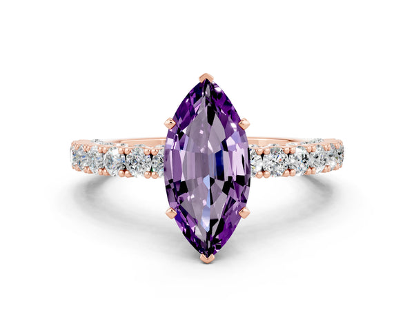 Rose gold Marquise Cut Amethyst Solitaire Ring with Round Accent Pavé Band and Prong Setting
