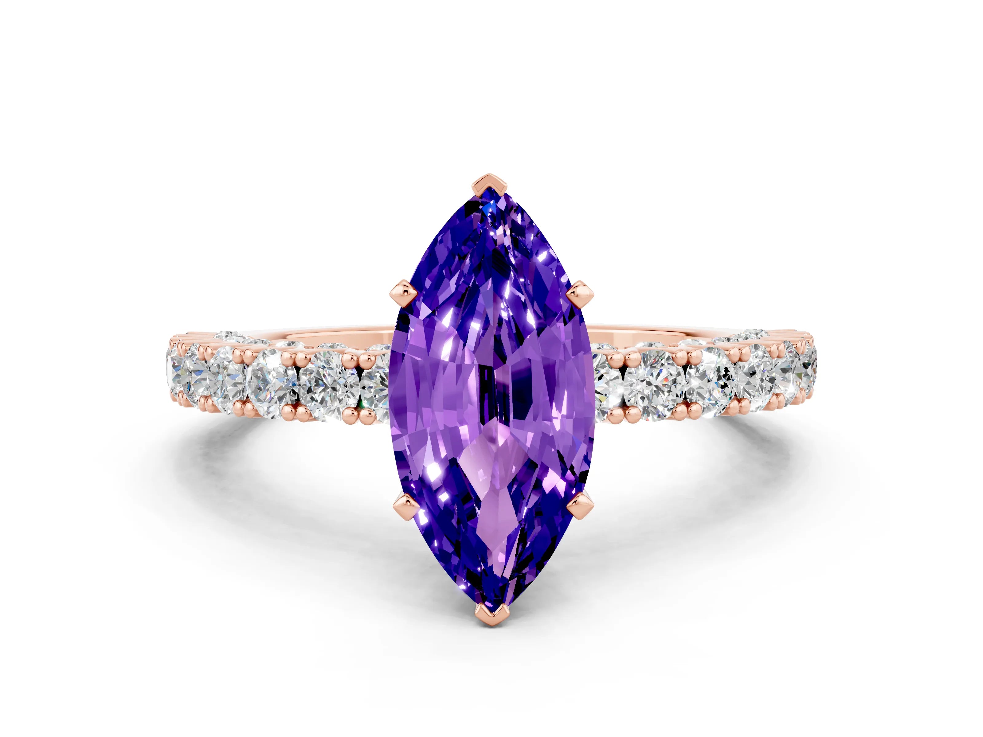 Rose gold Marquise Cut Diamond Pavé Band Solitaire Ring with Prong Setting