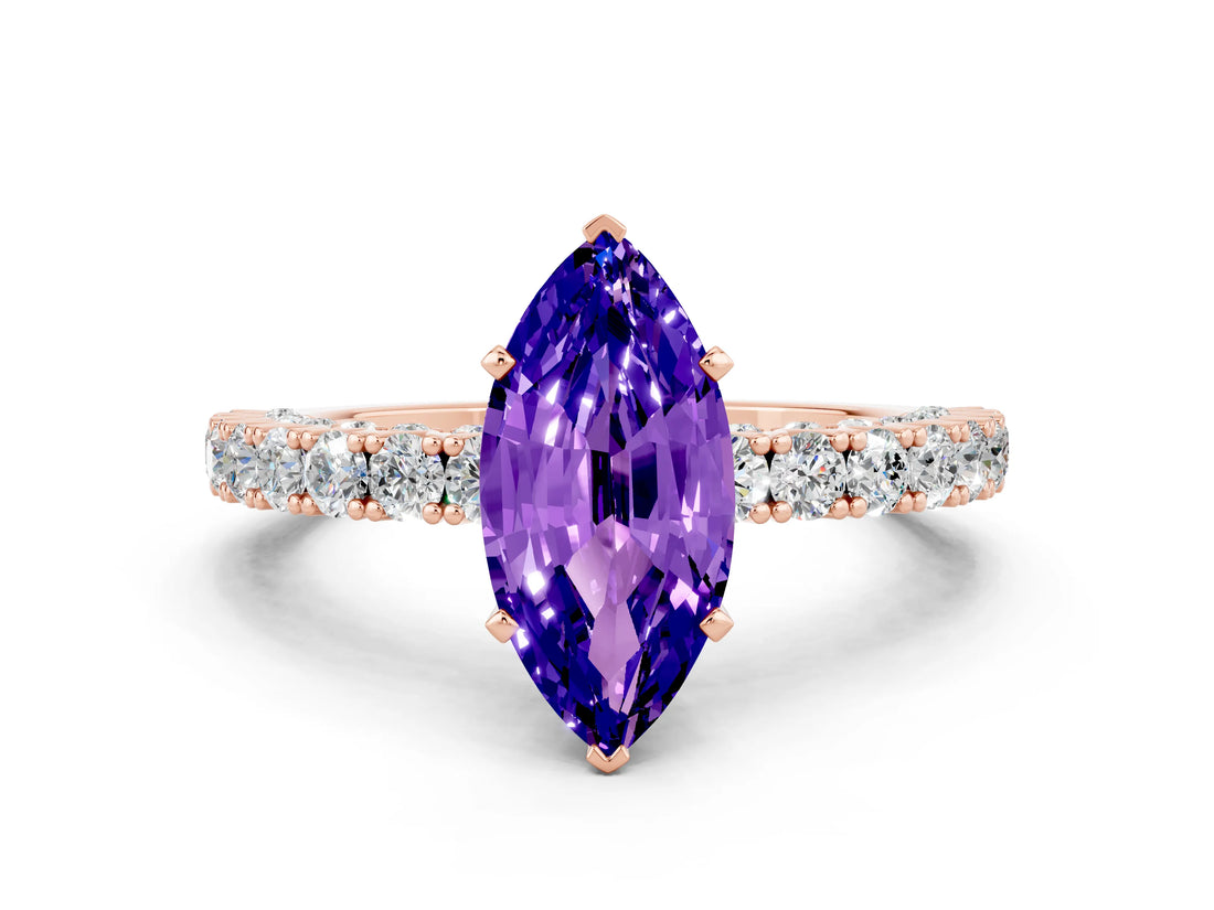 Rose gold Marquise Cut Diamond Pavé Band Solitaire Ring with Prong Setting