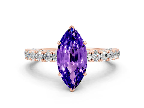 Rose gold Marquise Cut Diamond Pavé Band Solitaire Ring with Prong Setting