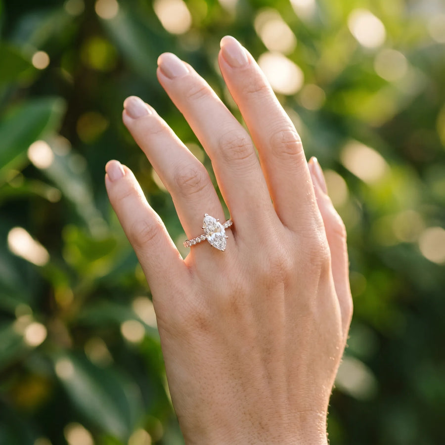 Rose gold Marquise Cut Diamond Pavé Band Solitaire Ring with Prong Setting