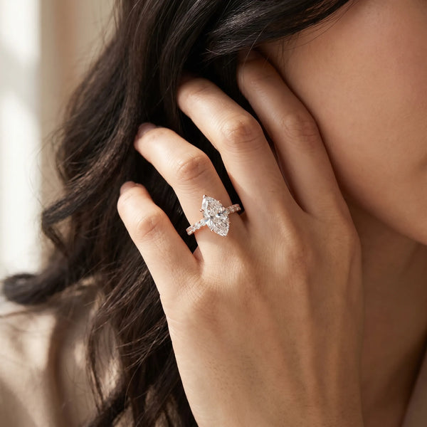 Rose gold Marquise Cut Diamond Pavé Band Solitaire Ring with Prong Setting