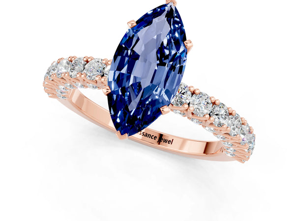 Rose gold Marquise Cut Diamond Pavé Band Solitaire Ring with Prong Setting