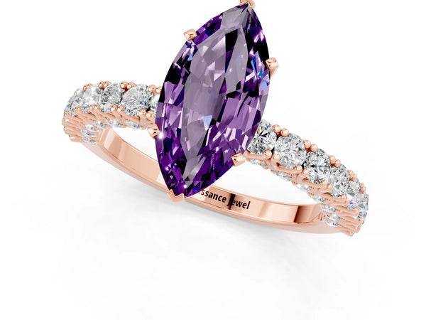 Rose gold Marquise Cut Amethyst Solitaire Ring with Round Accent Pavé Band and Prong Setting