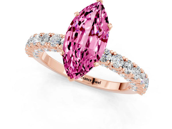 Rose gold Marquise Cut Diamond Pavé Band Solitaire Ring with Prong Setting