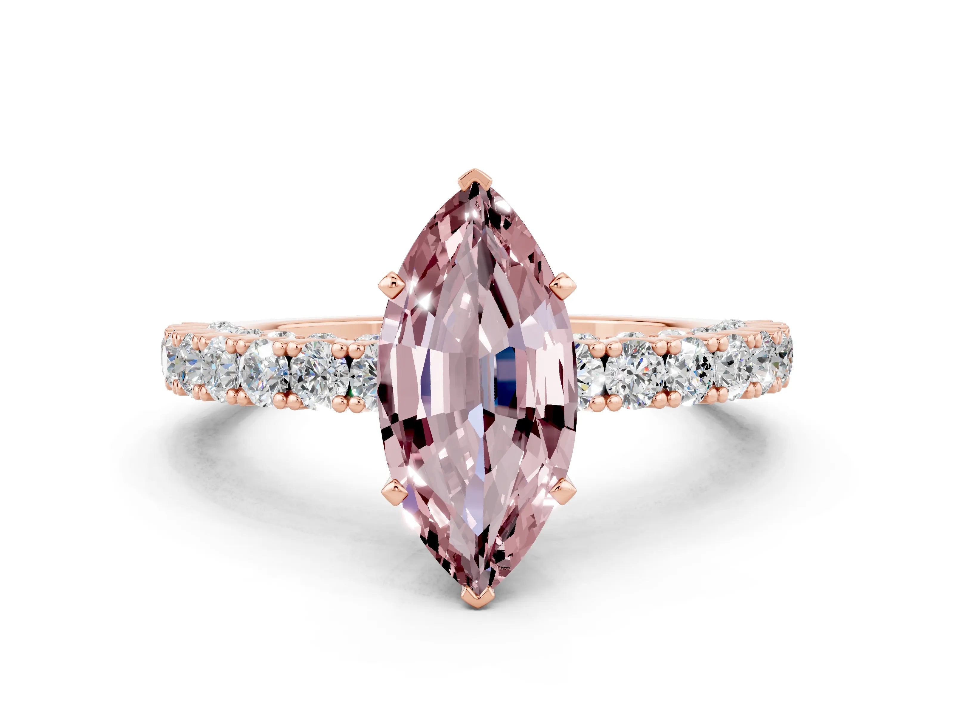 Rose gold Marquise Cut Diamond Pavé Band Solitaire Ring with Prong Setting