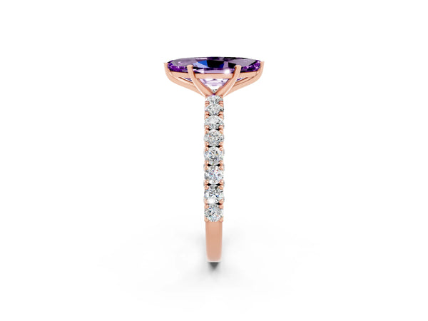 Rose gold Marquise Cut Amethyst Solitaire Ring with Round Accent Pavé Band and Prong Setting