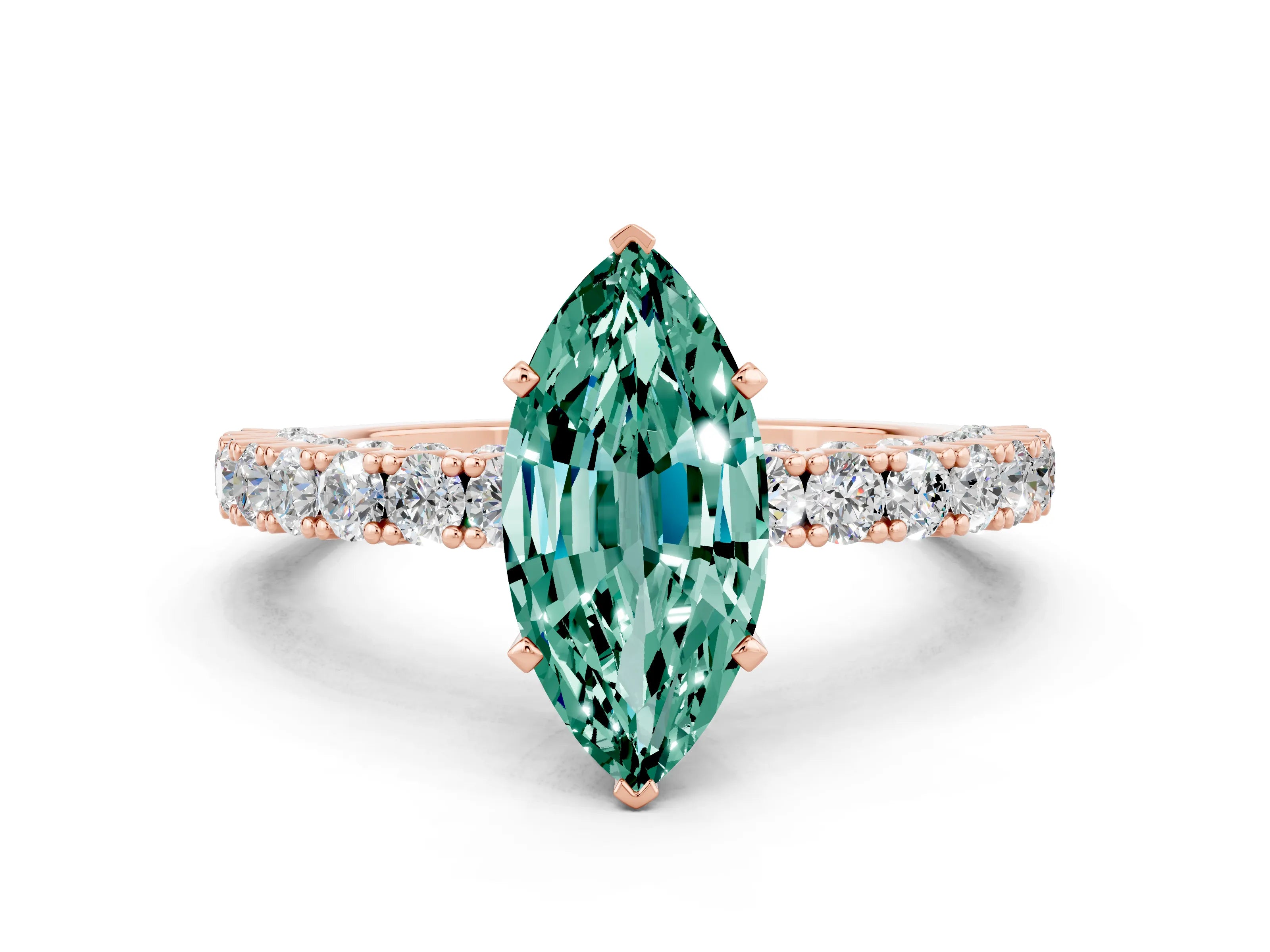 Rose gold Marquise Cut Diamond Pavé Band Solitaire Ring with Prong Setting
