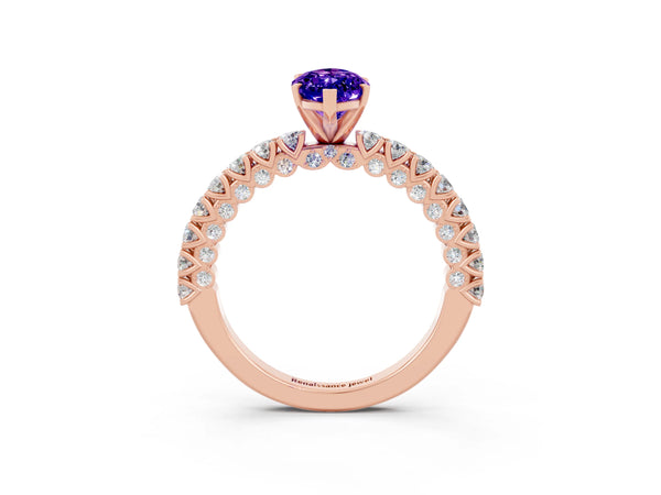 Rose gold Marquise Cut Diamond Pavé Band Solitaire Ring with Prong Setting