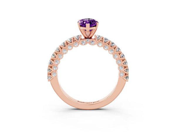 Rose gold Marquise Cut Amethyst Solitaire Ring with Round Accent Pavé Band and Prong Setting