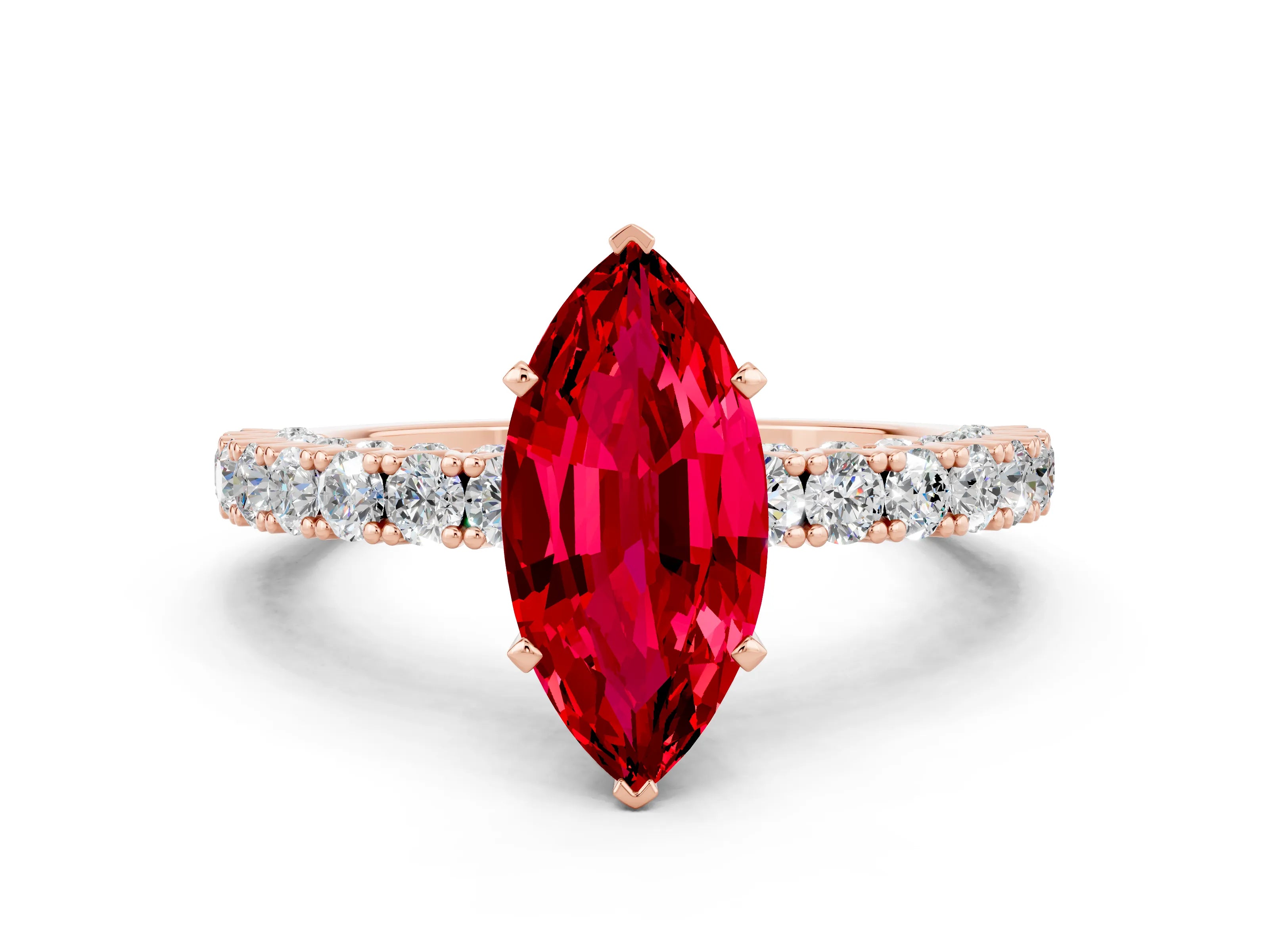 Rose gold Marquise Cut Diamond Pavé Band Solitaire Ring with Prong Setting
