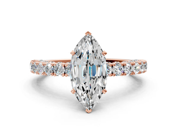 Rose gold Marquise Cut Diamond Pavé Band Solitaire Ring with Prong Setting