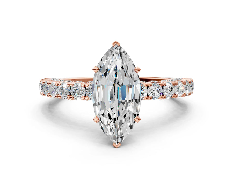 Rose gold Marquise Cut Diamond Pavé Band Solitaire Ring with Prong Setting