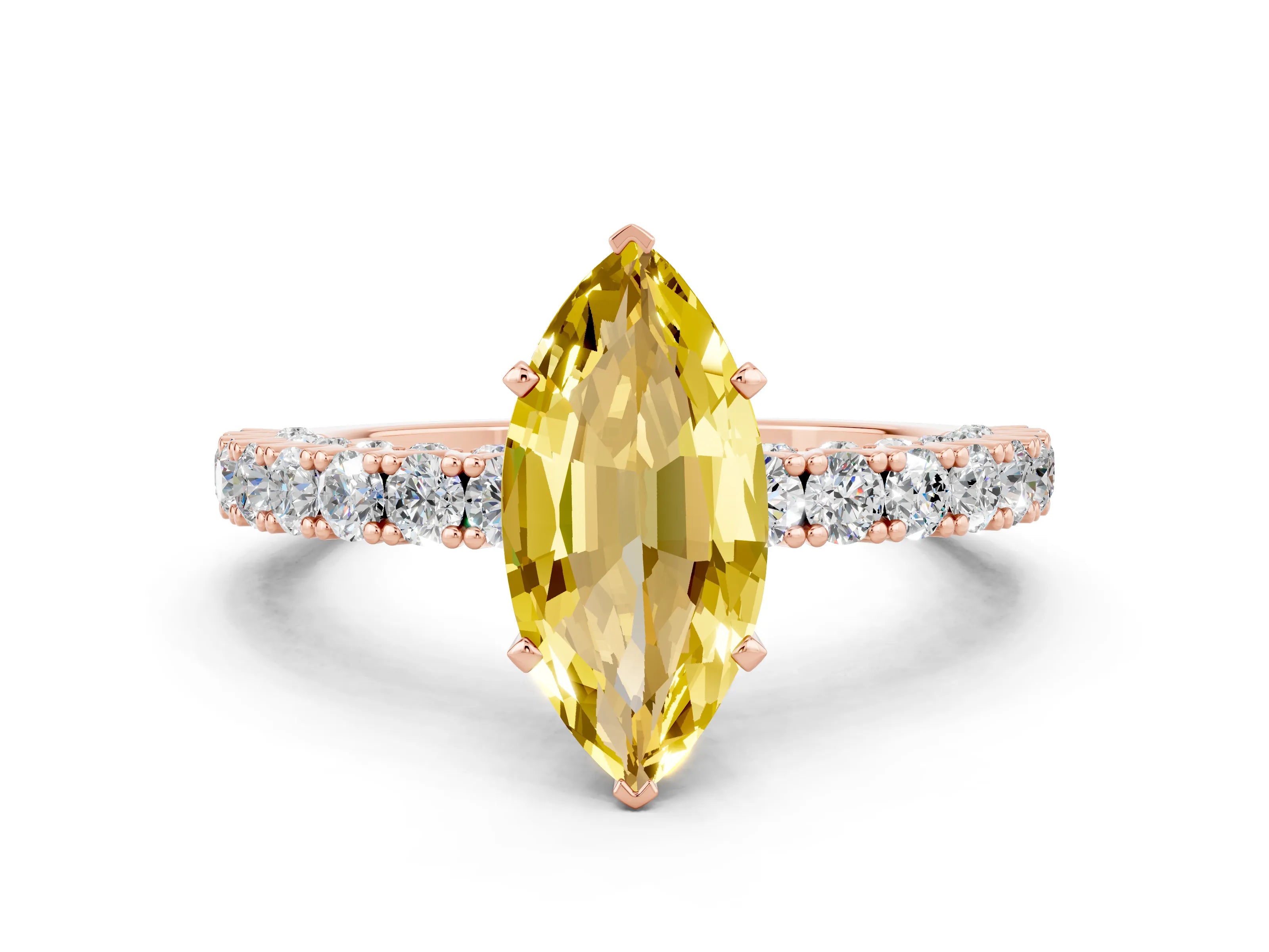 Rose gold Marquise Cut Diamond Pavé Band Solitaire Ring with Prong Setting