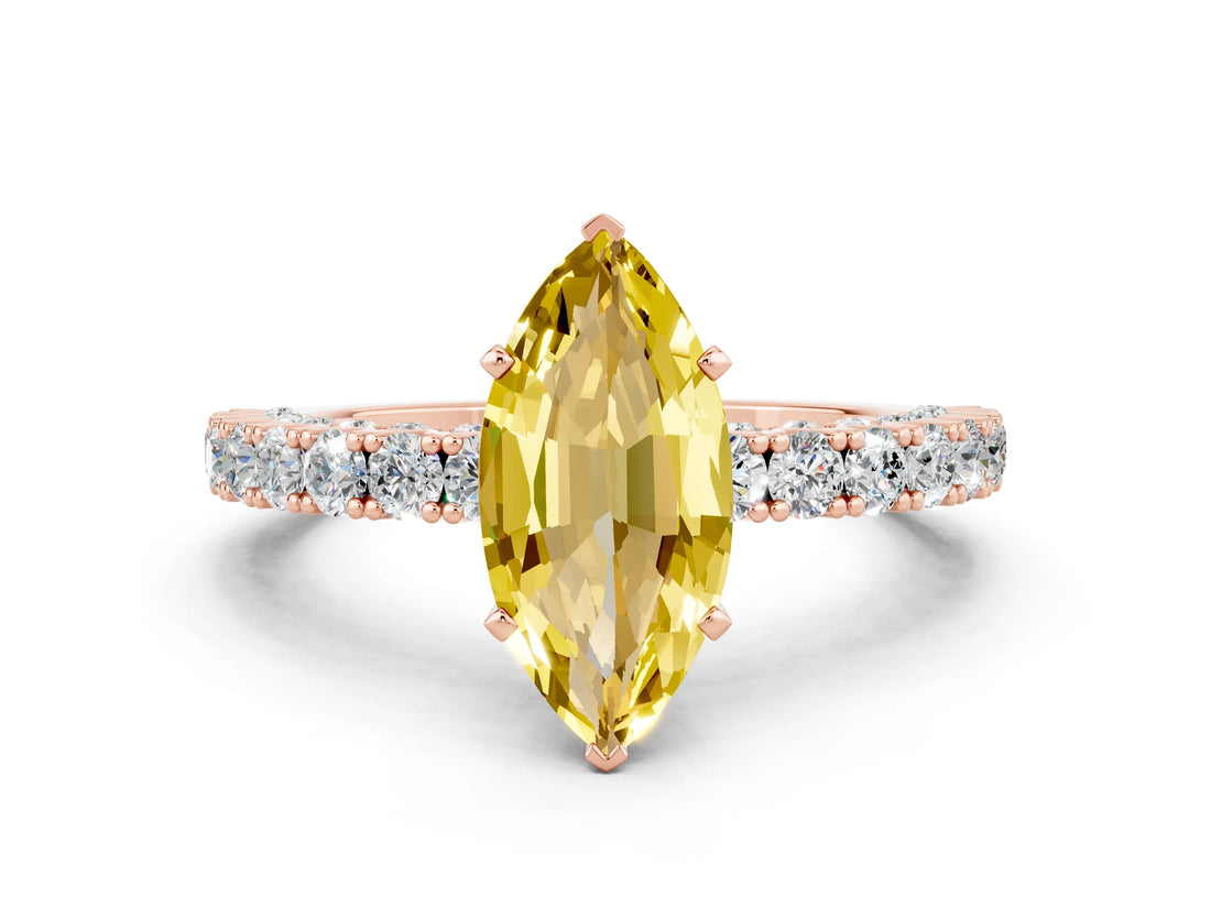 Rose gold Marquise Cut Diamond Pavé Band Solitaire Ring with Prong Setting