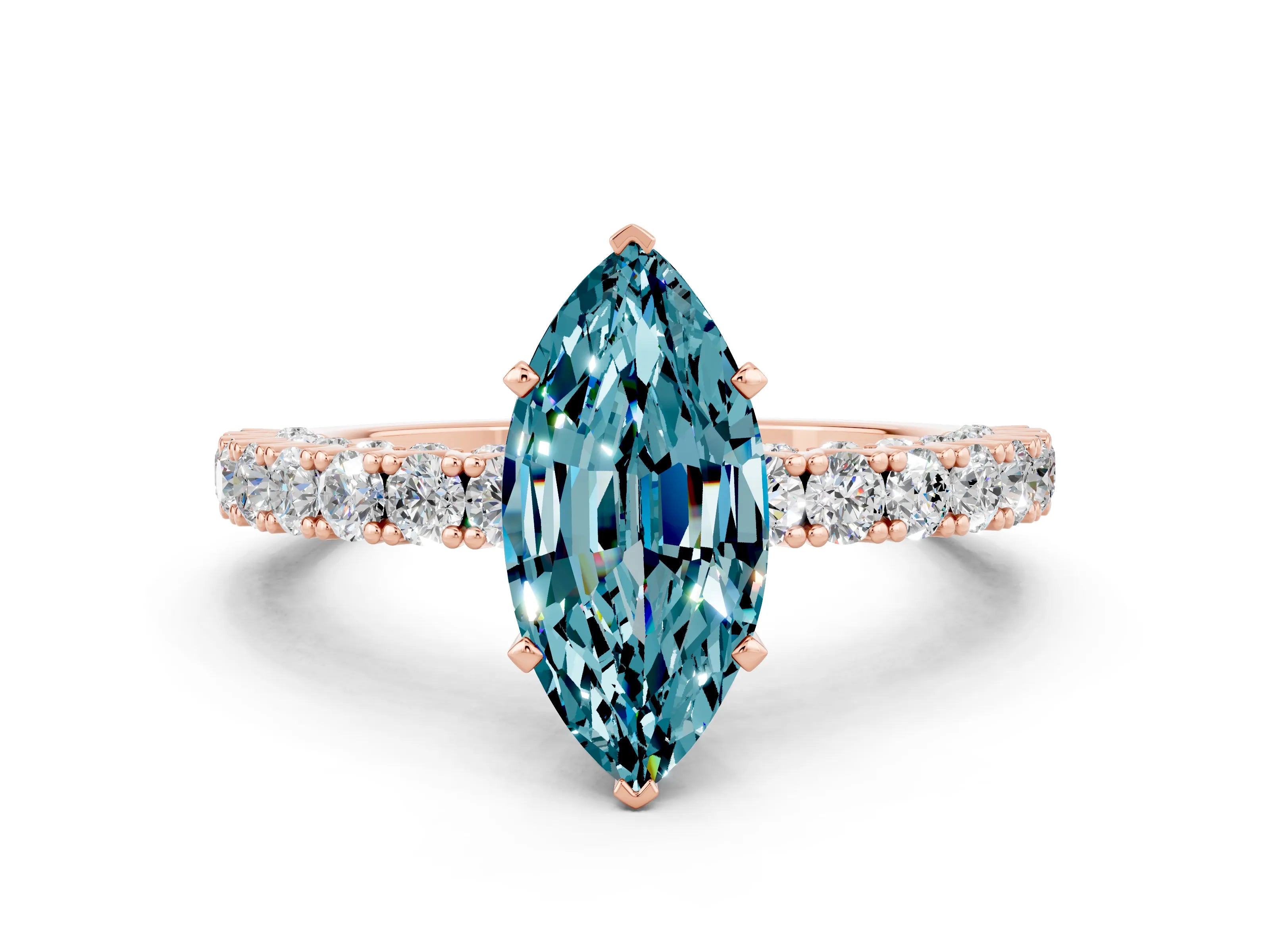 Rose gold Marquise Cut Diamond Pavé Band Solitaire Ring with Prong Setting