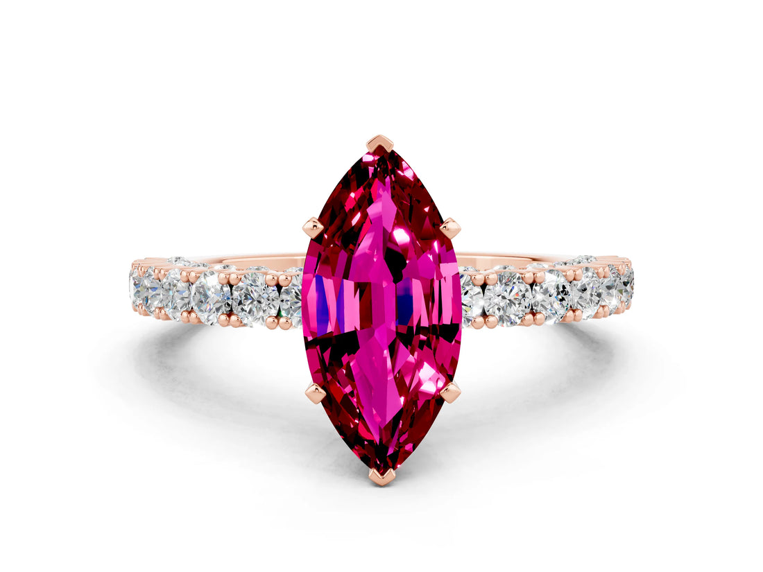 Rose gold Marquise Cut Diamond Pavé Band Solitaire Ring with Prong Setting