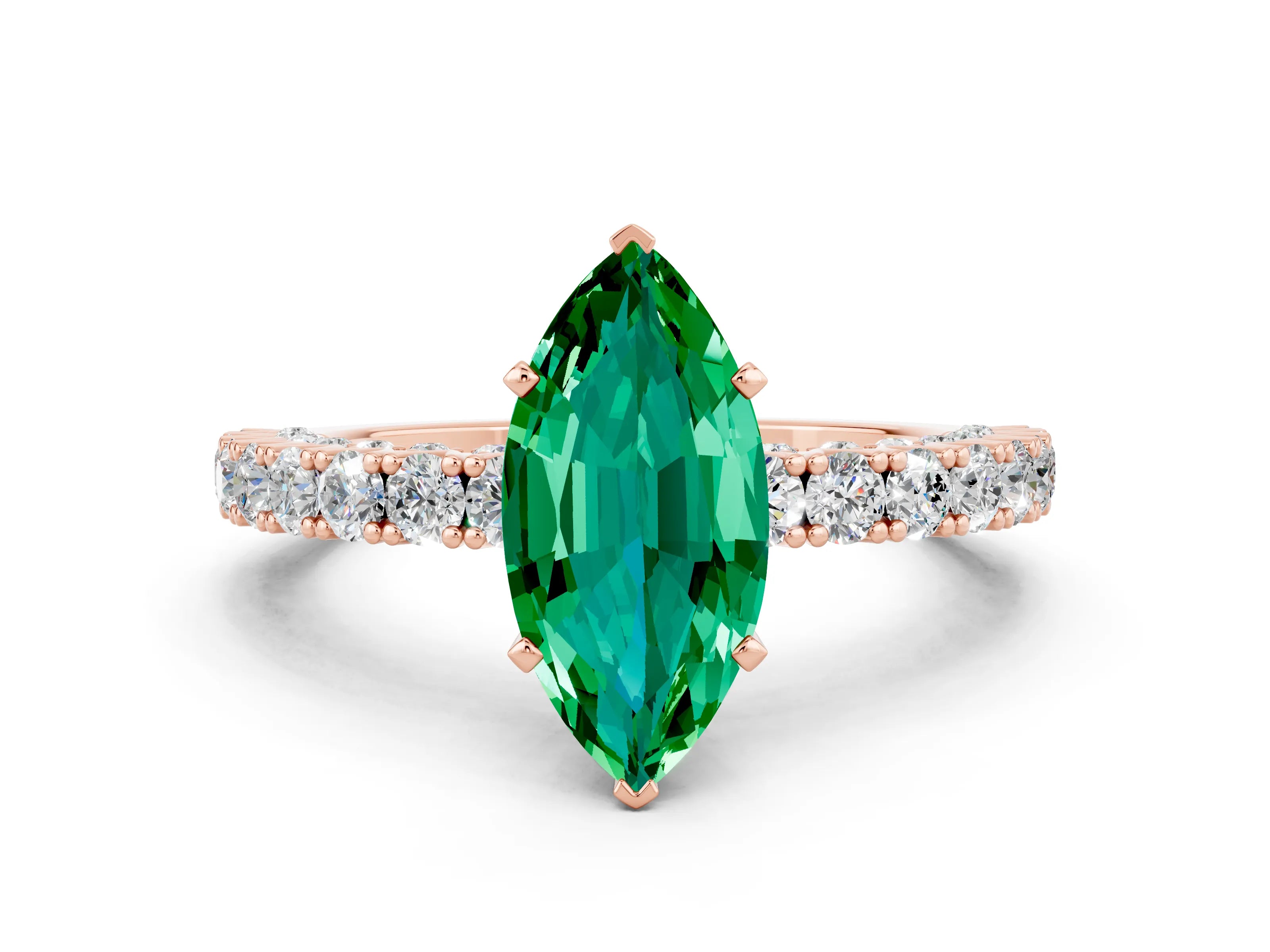 Rose gold Marquise Cut Diamond Pavé Band Solitaire Ring with Prong Setting