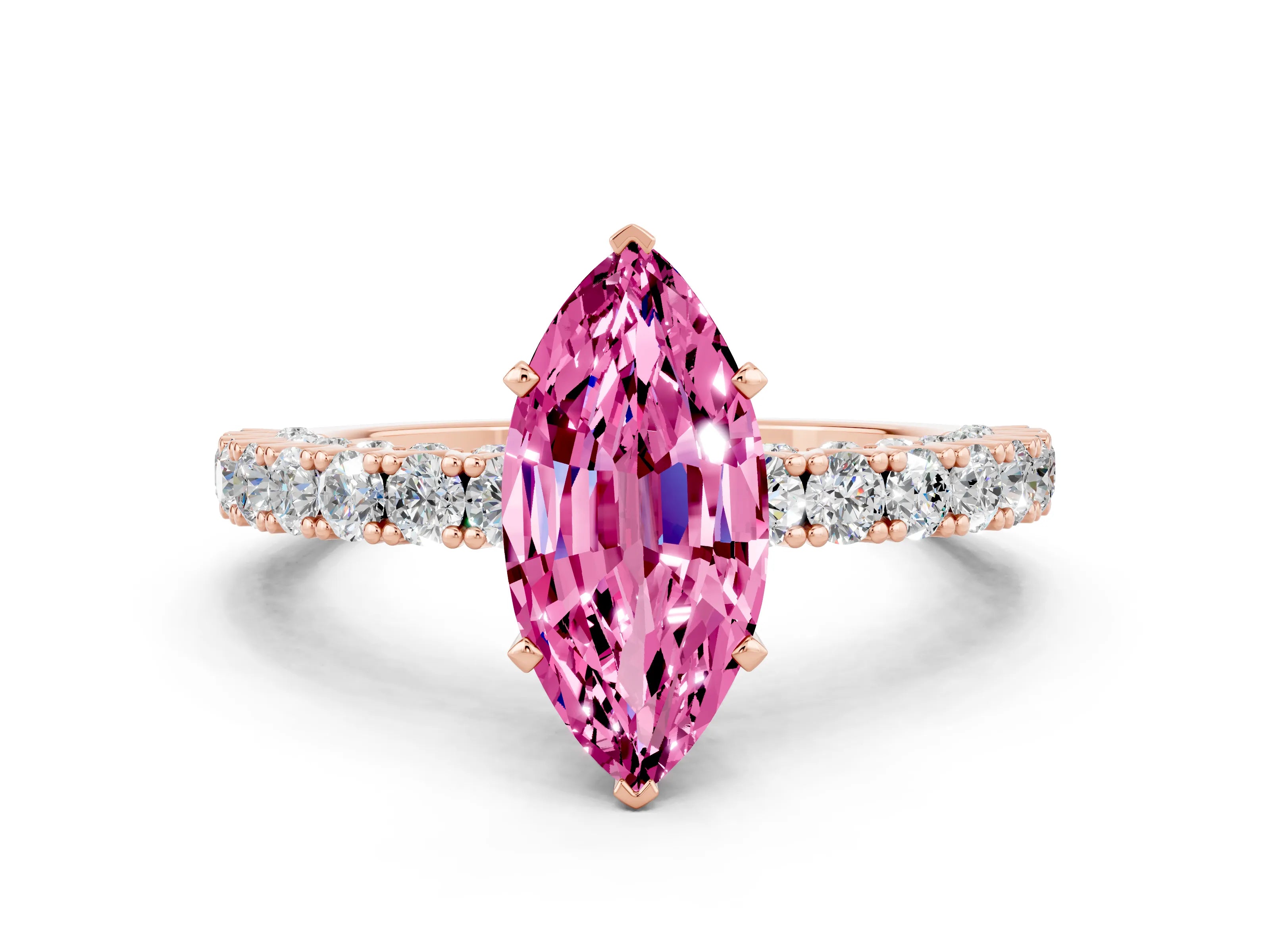 Rose gold Marquise Cut Diamond Pavé Band Solitaire Ring with Prong Setting