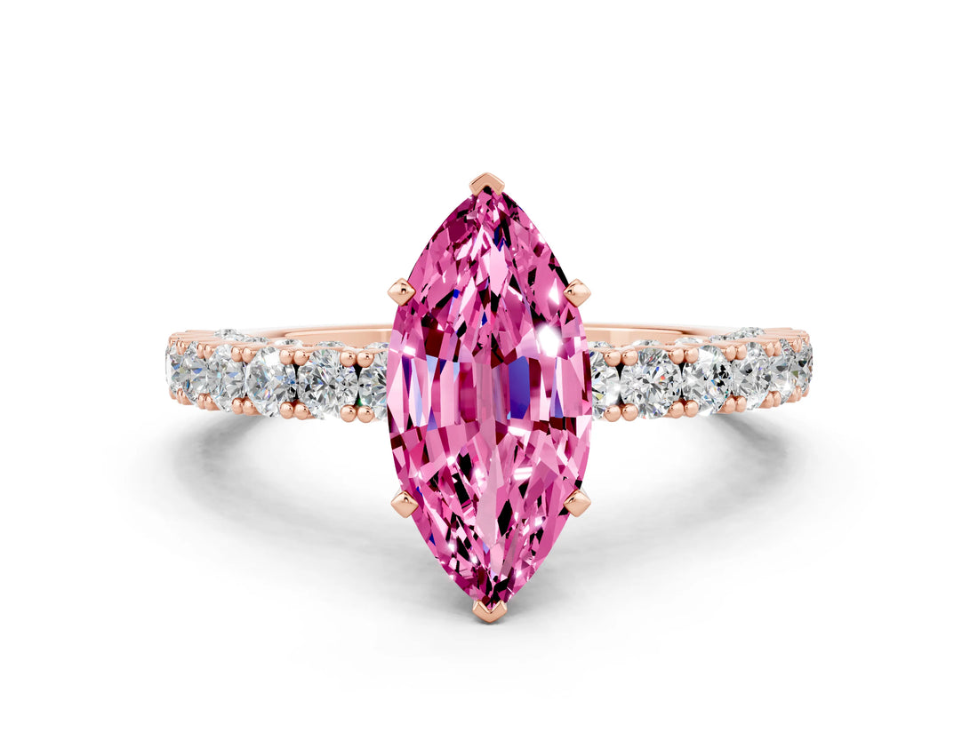Rose gold Marquise Cut Diamond Pavé Band Solitaire Ring with Prong Setting