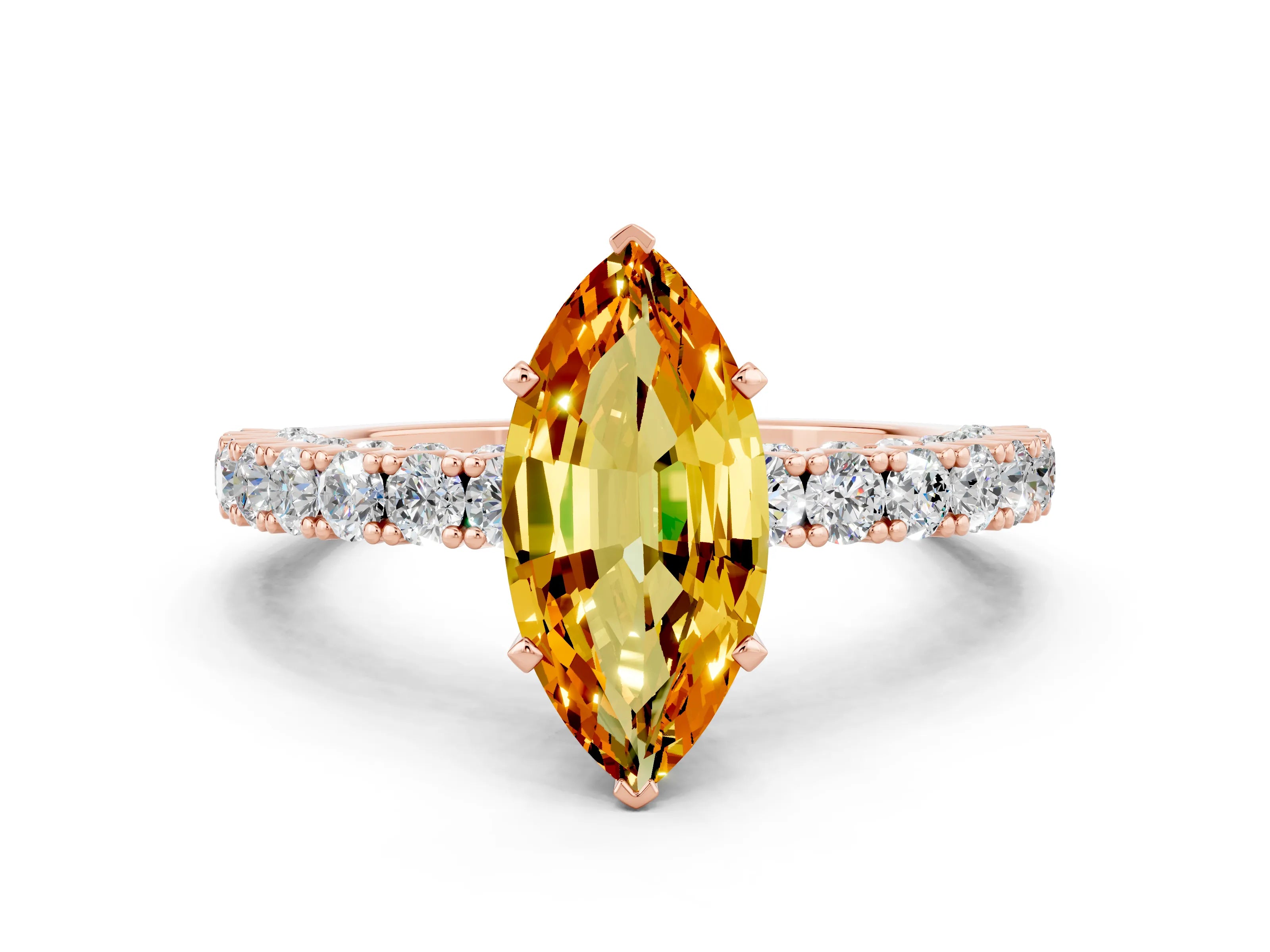 Rose gold Marquise Cut Diamond Pavé Band Solitaire Ring with Prong Setting