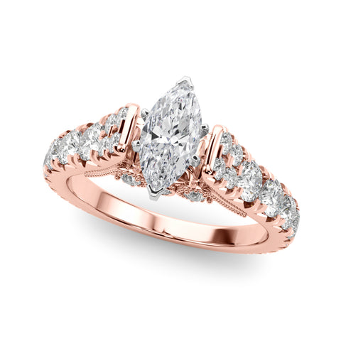 Rose gold Marquise Cut Diamond Pavé Band Solitaire with Four-Prong Setting