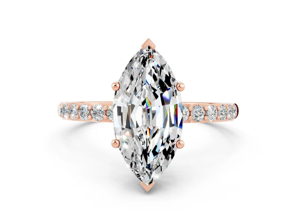 Rose gold Marquise Cut Moissanite Solitaire Ring with Round Pavé Shoulders and Prong Setting