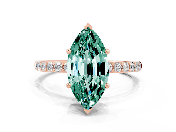 Rose gold Marquise Cut Green Sapphire Solitaire Ring with Round Pavé Shoulders and Prong Setting