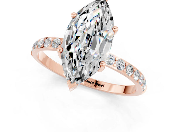 Rose gold Marquise Cut Moissanite Solitaire Ring with Round Pavé Shoulders and Prong Setting