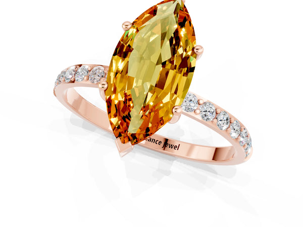 Rose gold Marquise Cut Citrine Solitaire Ring with Round Pavé Shoulders and Prong Setting