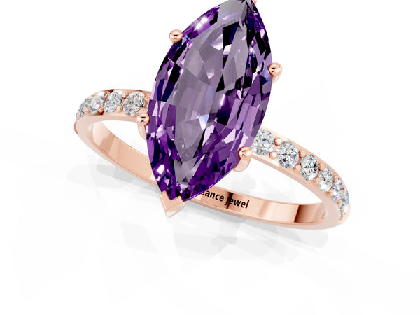 Rose gold Marquise Cut Amethyst Solitaire Ring with Round Pavé Shoulders and Prong Setting