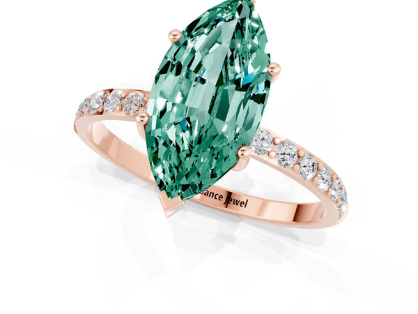 Rose gold Marquise Cut Green Sapphire Solitaire Ring with Round Pavé Shoulders and Prong Setting