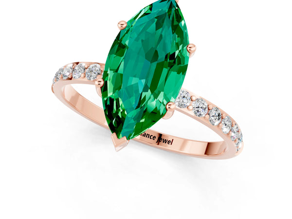 Rose gold Marquise Cut Emerald Solitaire Ring with Round Pavé Shoulders and Prong Setting